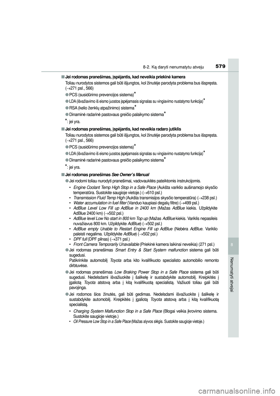 TOYOTA HILUX 2021  Eksploatavimo vadovas (in Lithuanian) 5798-2. Ką daryti nenumatytu atveju
HILUX_OM_OM0K513E_(LT)
8
Nenumatyti atvejai
■Jei rodomas pranešimas,  įsp ėjantis, kad neveikia priekinė  kamera
Toliau nurodytos sistemos gali b ūti išjun