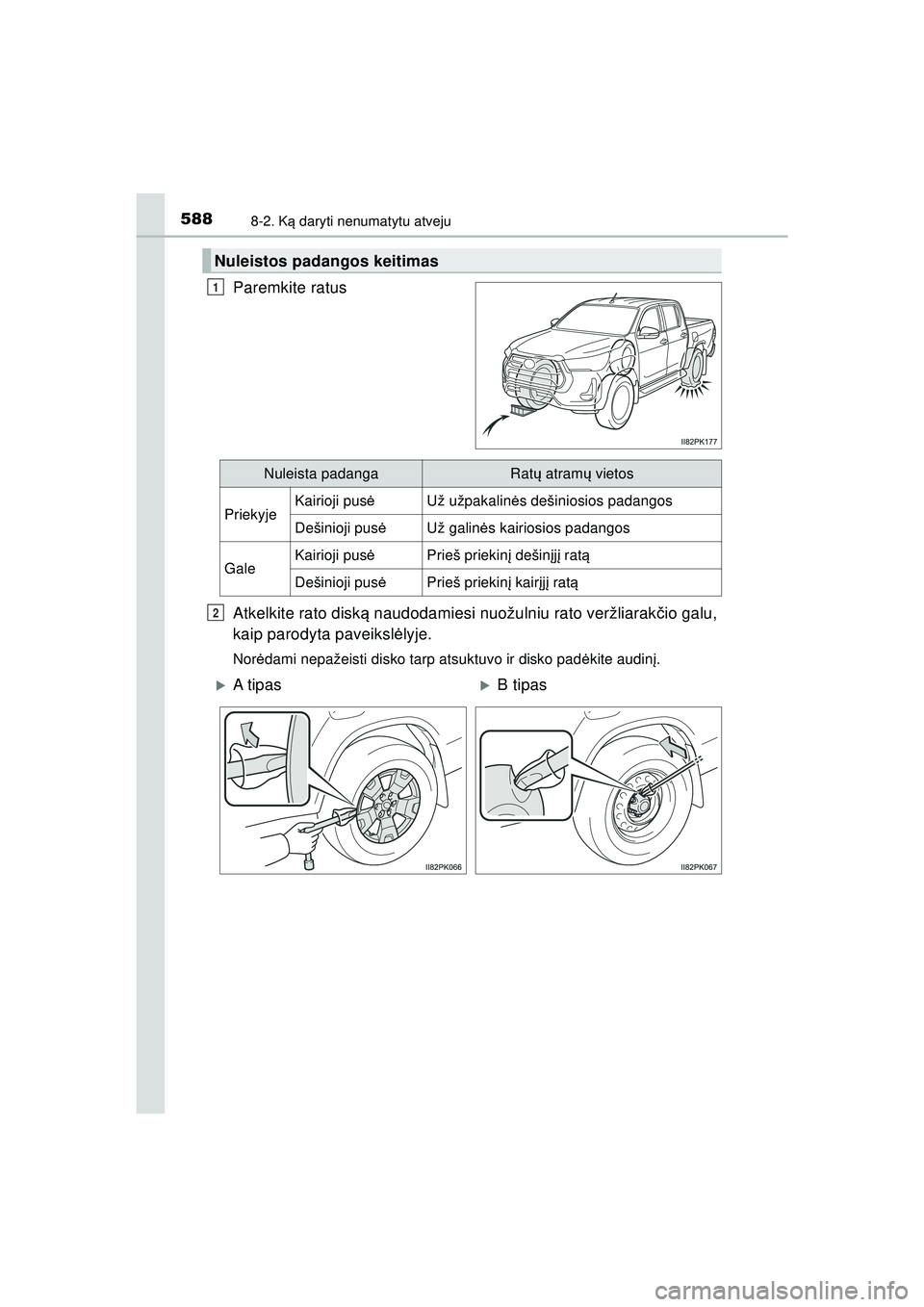 TOYOTA HILUX 2021  Eksploatavimo vadovas (in Lithuanian) 5888-2. Ką daryti nenumatytu atveju
HILUX_OM_OM0K513E_(LT)
Paremkite ratus
Atkelkite rato disk ą naudodamiesi nuožulniu rato veržliarak čio galu,
kaip parodyta paveiksl ėlyje.
Nor ėdami nepaže
