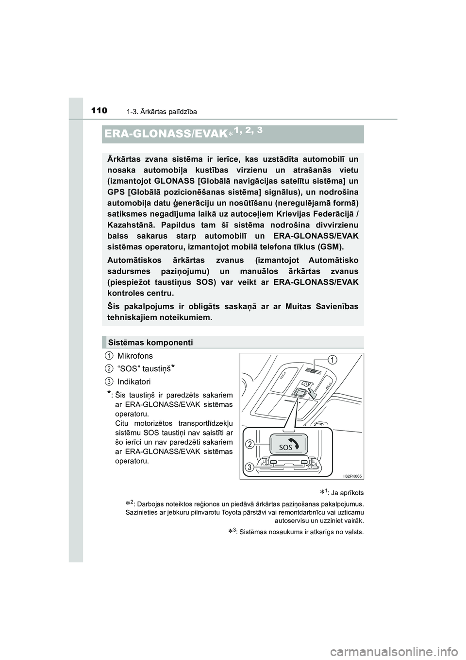 TOYOTA HILUX 2021 Lietošanas Instrukcija (in Latvian) 1101-3. Ārk ārtas pal īdz ība
HILUX_OM_OM0K513E_(LV)
ERA-GLONASS/EVAK 1, 2, 3
Mikrofons
“SOS” taustiņš
*
Indikatori
*: Šis tausti ņš ir paredz ēts sakariem
ar ERA-GLONASS/EVAK sist ē TOYOTA HILUX 2021 Lietošanas Instrukcija (in Latvian) 1101-3. Ārk ārtas pal īdz ība
HILUX_OM_OM0K513E_(LV)
ERA-GLONASS/EVAK 1, 2, 3
Mikrofons
“SOS” taustiņš
*
Indikatori
*: Šis tausti ņš ir paredz ēts sakariem
ar ERA-GLONASS/EVAK sist ē
