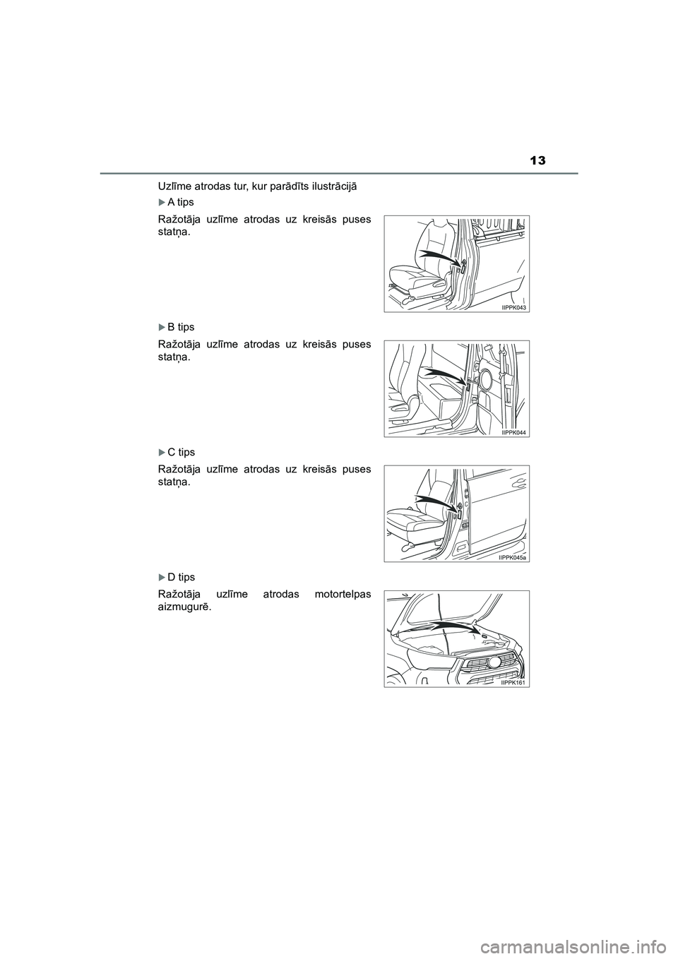 TOYOTA HILUX 2021  Lietošanas Instrukcija (in Latvian) 13
HILUX_OM_OM0K513E_(LV)Uzl
īme atrodas tur, kur par ādīts ilustr ācij ā
�XA t i p s
�XB tips
�XC tips
�XD tips
Ražot
āja uzlī me atrodas uz kreis ās puses
stat ņa.
Ražot āja uzlī me atr