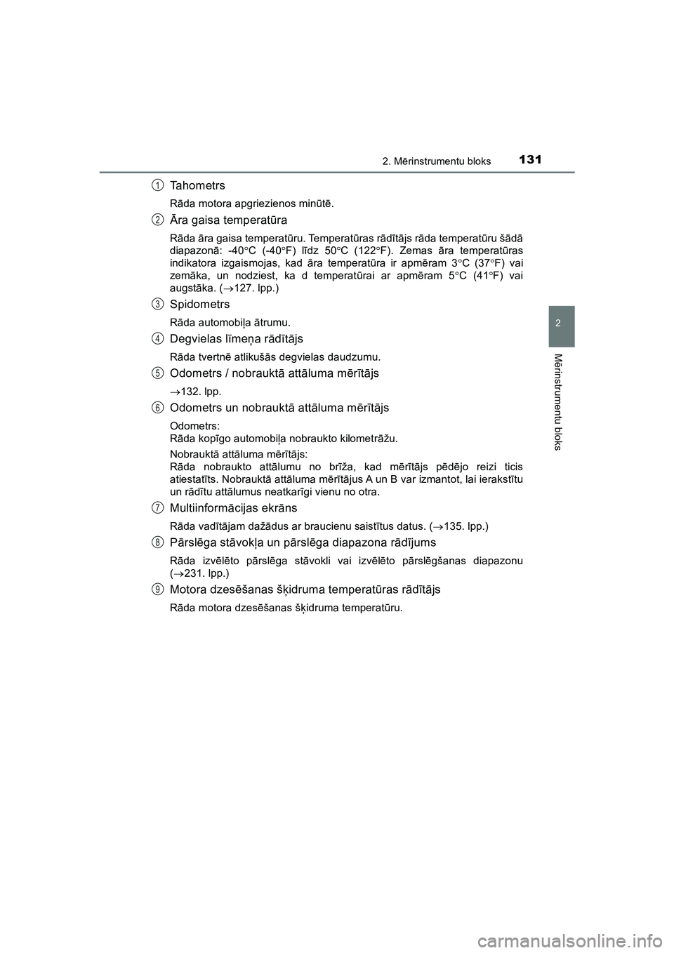 TOYOTA HILUX 2021  Lietošanas Instrukcija (in Latvian) 1312. Mērinstrumentu bloks
2
M ērinstrumentu bloks
HILUX_OM_OM0K513E_(LV)
Tahometrs
R āda motora apgriezienos min ūtē .
Ā ra gaisa temperatū ra
Rāda  āra gaisa temperat ūru. Temperat ūras r