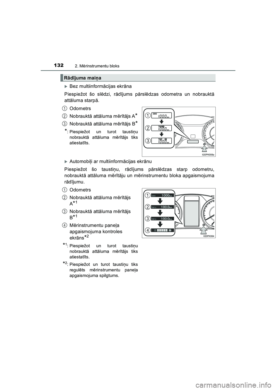 TOYOTA HILUX 2021  Lietošanas Instrukcija (in Latvian) 1322. Mērinstrumentu bloks
HILUX_OM_OM0K513E_(LV)
�XBez multiinform ācijas ekr āna
Piespiežot šo sl ēdzi, r ādījums p ārsl ēdzas odometra un nobraukt ā
att āluma starp ā.
Odometrs
Nobrauk