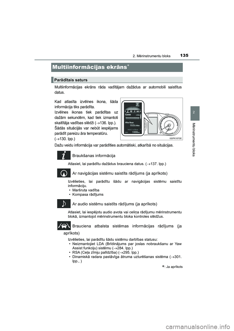TOYOTA HILUX 2021  Lietošanas Instrukcija (in Latvian) 135
2
2. Mērinstrumentu bloks
M ērinstrumentu bloks
HILUX_OM_OM0K513E_(LV)
Multiinfor m ācijas ekr āns
Multiinform ācijas ekr āns r āda vadī tā jam daž ādus ar automobili saist ītus
dat