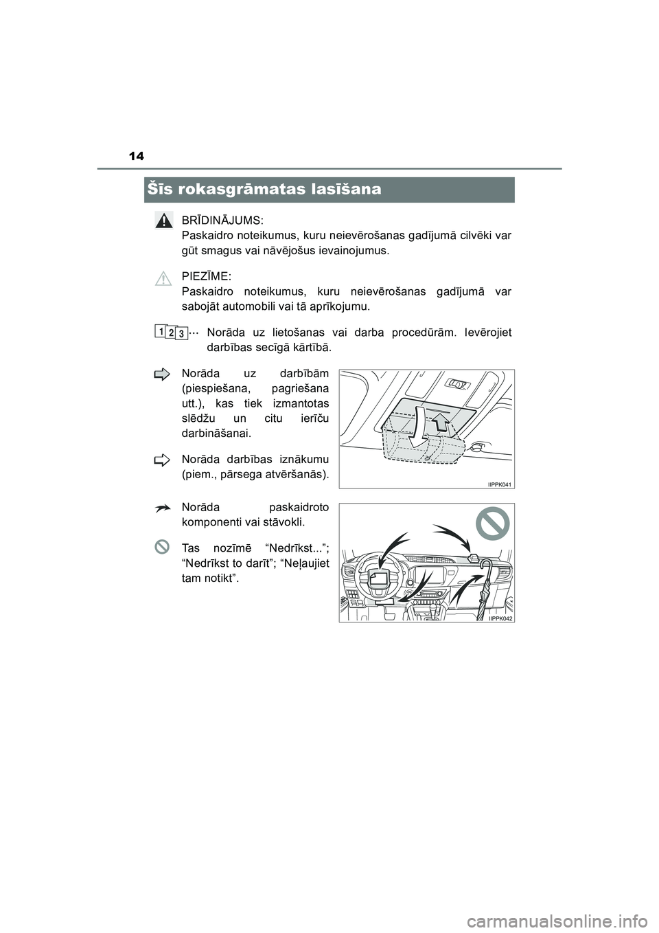 TOYOTA HILUX 2021  Lietošanas Instrukcija (in Latvian) 14
HILUX_OM_OM0K513E_(LV)
Šīs rokasgr āmatas las īšana
BR ĪDIN ĀJUMS: 
Paskaidro noteikumus, kuru neiev ērošanas gad ījum ā cilv ēki var
g ūt smagus vai n āvē jošus ievainojumus.
PIEZ 