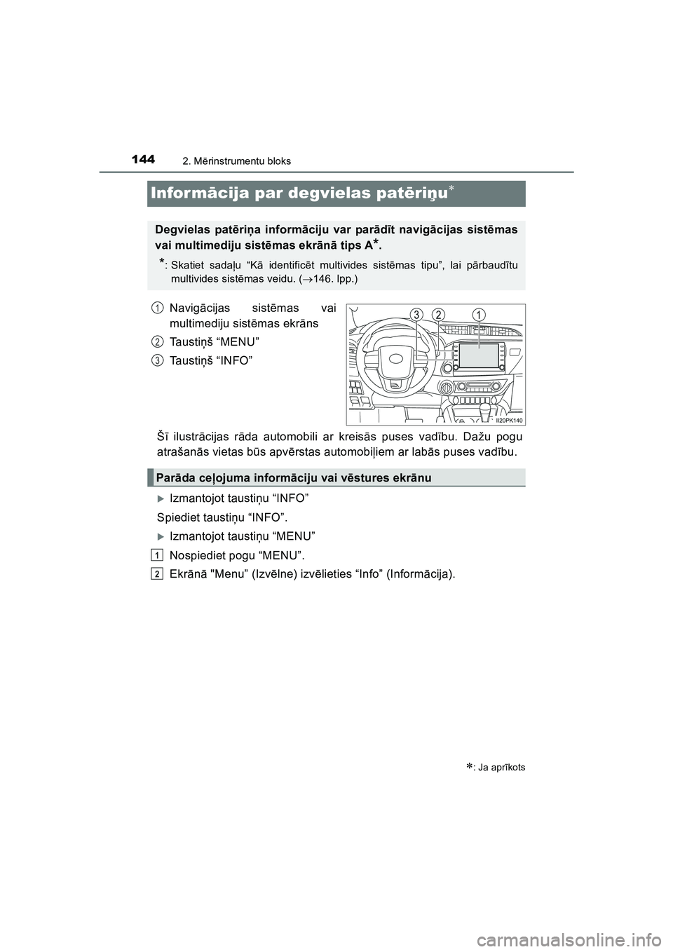 TOYOTA HILUX 2021  Lietošanas Instrukcija (in Latvian) 1442. Mērinstrumentu bloks
HILUX_OM_OM0K513E_(LV)
Infor m ācija par degvielas pat ēri ņu
Navig ācijas sist ēmas vai
multimediju sist ēmas ekr āns
Ta u s t i ņš “MENU”
Ta u s t i ņš 