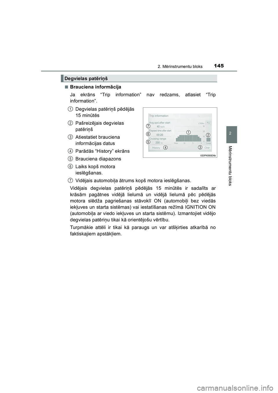TOYOTA HILUX 2021  Lietošanas Instrukcija (in Latvian) 1452. Mērinstrumentu bloks
2
M ērinstrumentu bloks
HILUX_OM_OM0K513E_(LV) ■
Brauciena inform
ācija
Ja ekr āns “Trip information” nav redzams, atlasiet “Trip
information”.
Degvielas pat 