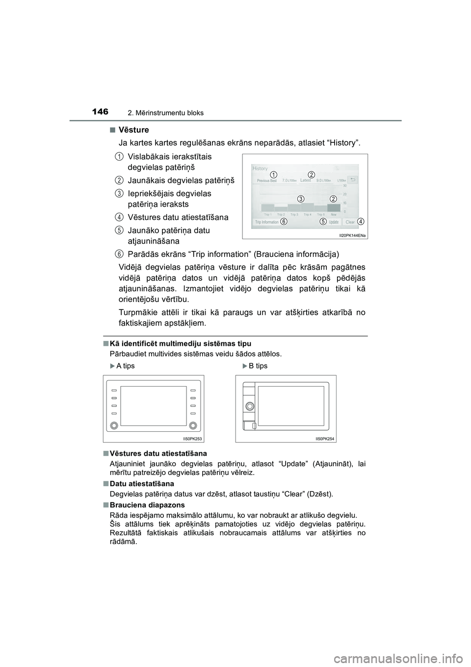 TOYOTA HILUX 2021  Lietošanas Instrukcija (in Latvian) 1462. Mērinstrumentu bloks
HILUX_OM_OM0K513E_(LV) ■
V
ēsture
Ja kartes kartes regul ēšanas ekr āns nepar ādās, atlasiet “History”.
Vislab ākais ierakst ītais 
degvielas pat ēriņ š
Ja