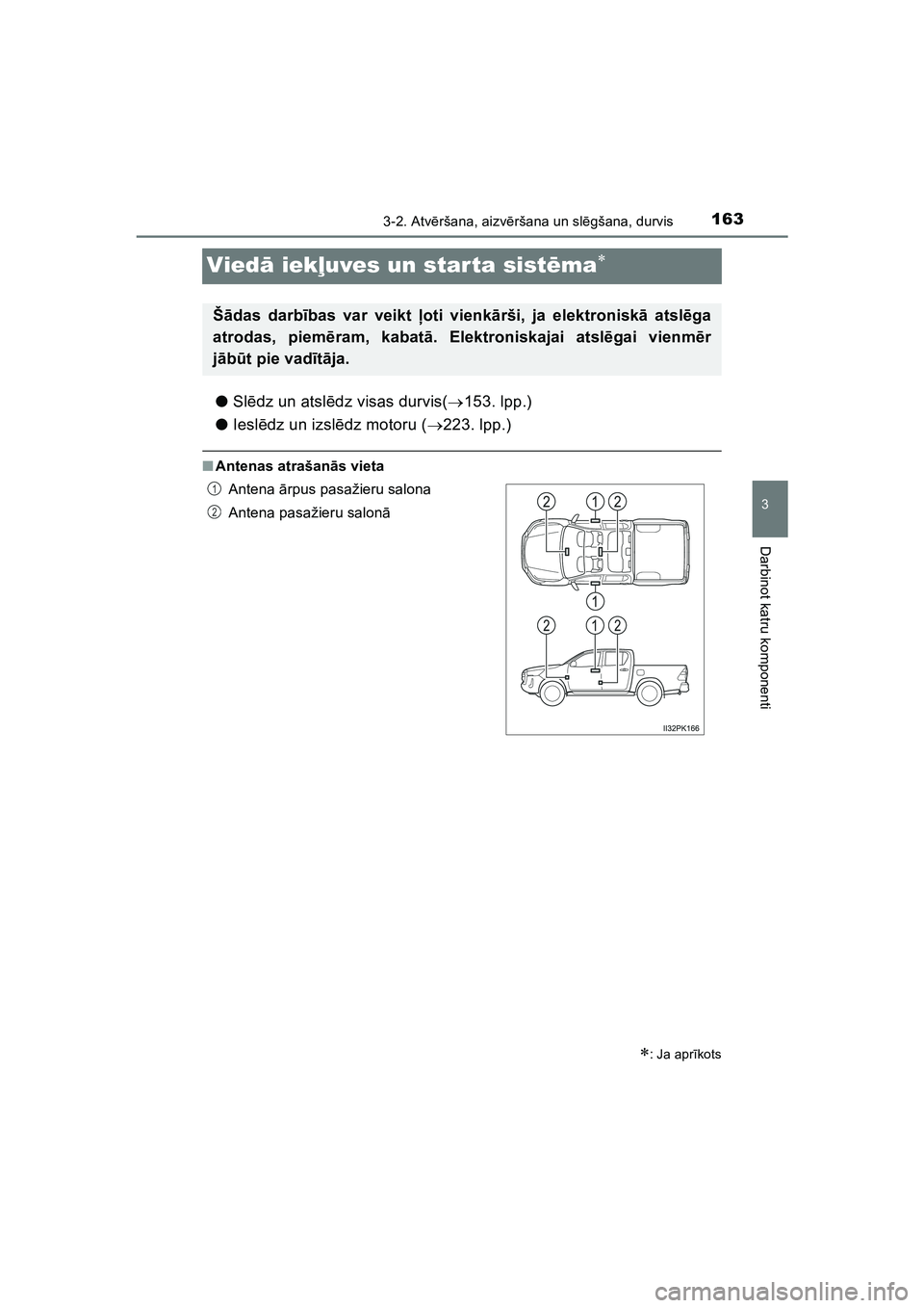 TOYOTA HILUX 2021  Lietošanas Instrukcija (in Latvian) 163
3
3-2. Atvēršana, aizv ēršana un sl ēgšana, durvis
Darbinot katru komponenti
HILUX_OM_OM0K513E_(LV)
Vied ā iek ļuves un starta sist ēma
● Slēdz un atsl ēdz visas durvis( 153. lp