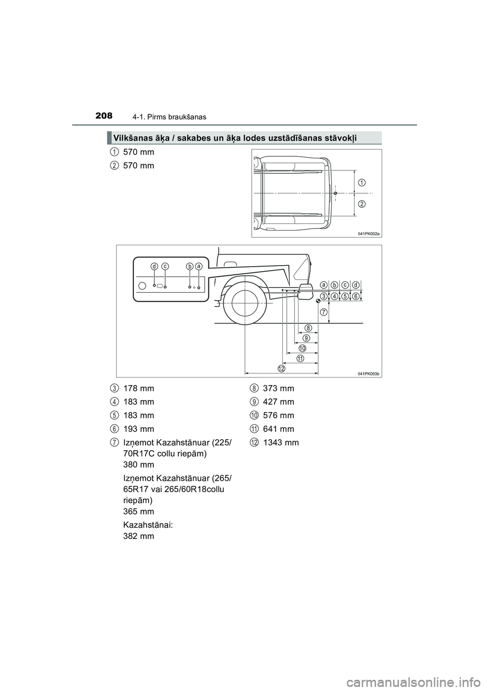 TOYOTA HILUX 2021  Lietošanas Instrukcija (in Latvian) 2084-1. Pirms braukšanas
HILUX_OM_OM0K513E_(LV)
570 mm
570 mm
Vilkšanas āķa / sakabes un āķ a lodes uzstād īšanas st āvokļ i
1
2
178 mm
183 mm
183 mm
193 mm
Izņemot Kazahstā nuar (225/
70