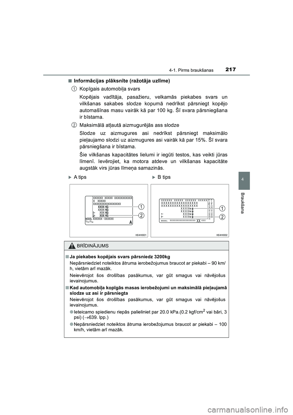 TOYOTA HILUX 2021  Lietošanas Instrukcija (in Latvian) 2174-1. Pirms braukšanas
4
Braukšana
HILUX_OM_OM0K513E_(LV)■
Inform
ācijas pl āksn īte (ražot āja uzl īme)
Kop īgais automobi ļa svars
Kop ējais vad ītā ja, pasažieru, velkam ās pieka