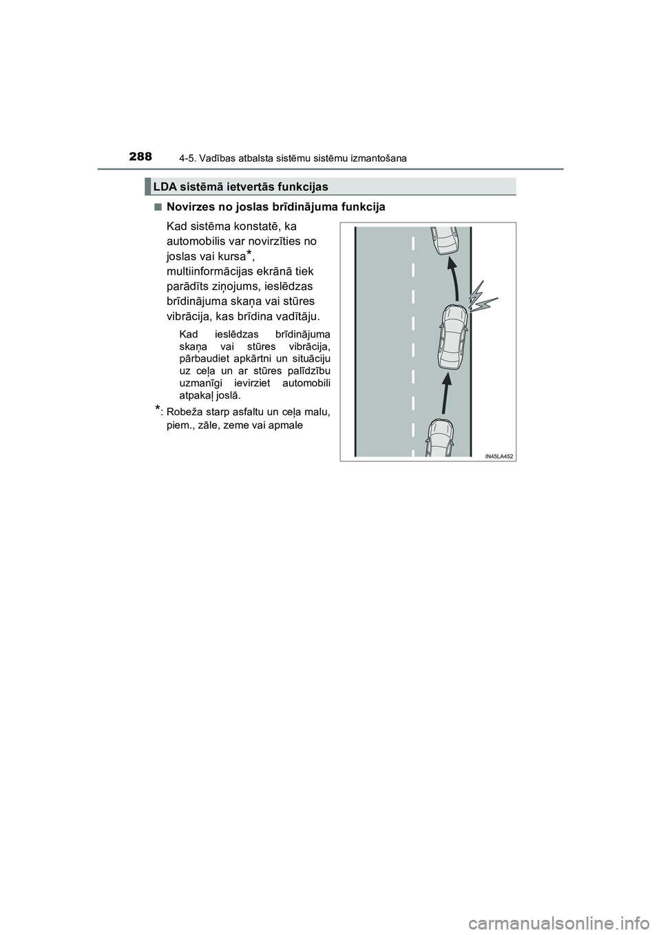 TOYOTA HILUX 2021  Lietošanas Instrukcija (in Latvian) 2884-5. Vadības atbalsta sist ēmu sist ēmu izmantošana
HILUX_OM_OM0K513E_(LV) ■
Novirzes no joslas br
īdin ājuma funkcija
Kad sist ēma konstatē , ka 
automobilis var novirz īties no 
joslas