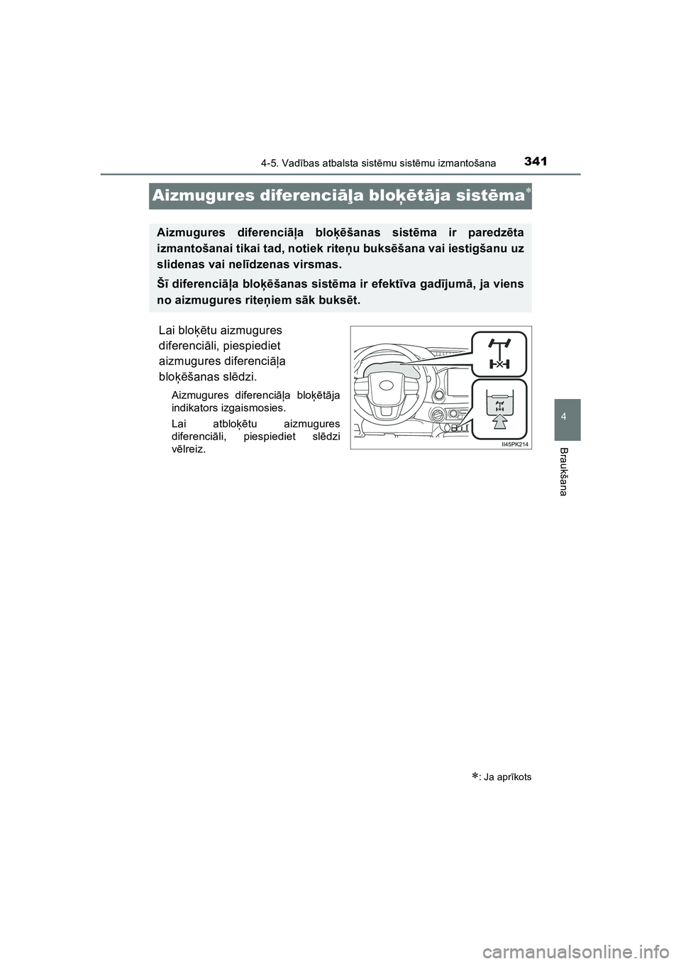 TOYOTA HILUX 2021  Lietošanas Instrukcija (in Latvian) 341
4
4-5. Vadības atbalsta sist ēmu sist ēmu izmantošana
Braukšana
HILUX_OM_OM0K513E_(LV)
Aizmugures diferenci āļa blo ķētāja sist ēma
Lai blo ķētu aizmugures 
diferenci āli, piespie