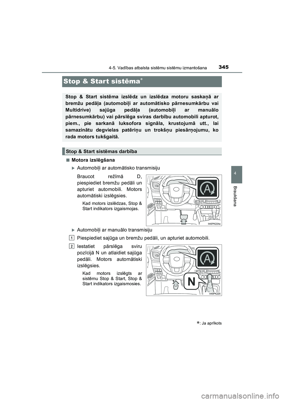 TOYOTA HILUX 2021  Lietošanas Instrukcija (in Latvian) 345
4
4-5. Vadības atbalsta sist ēmu sist ēmu izmantošana
Braukšana
HILUX_OM_OM0K513E_(LV)
Stop & Star t sist ēma
■Motora izsl ēgšana
�XAutomobi ļi ar autom ātisko transmisiju
Braucot r