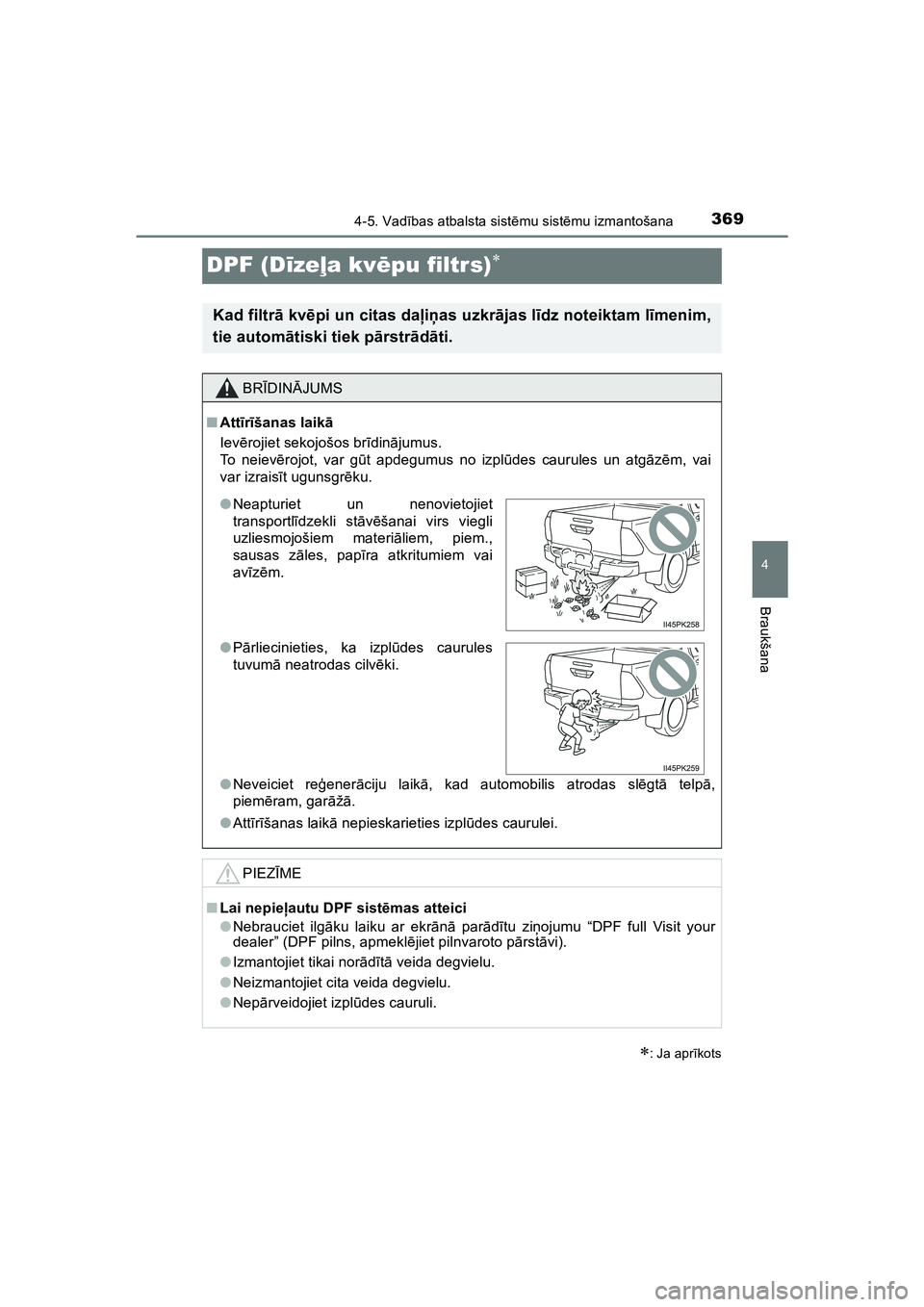 TOYOTA HILUX 2021  Lietošanas Instrukcija (in Latvian) 369
4
4-5. Vadības atbalsta sist ēmu sist ēmu izmantošana
Braukšana
HILUX_OM_OM0K513E_(LV)
DPF (D īze ļa kv ēpu filtrs)
: Ja apr īkots
Kad filtr ā kvē pi un citas da ļiņ as uzkr āj