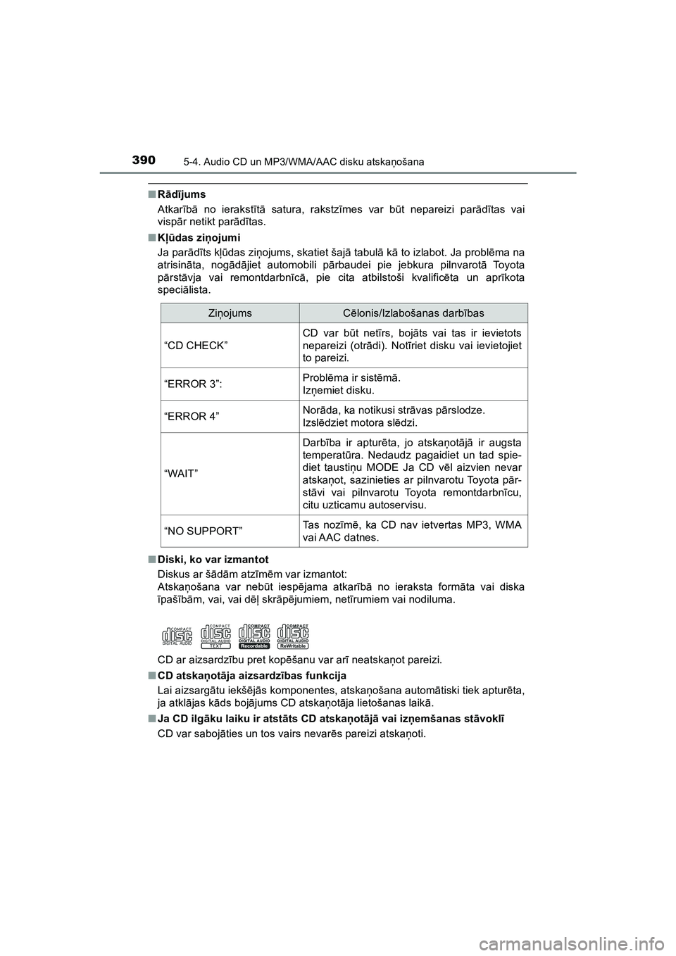 TOYOTA HILUX 2021  Lietošanas Instrukcija (in Latvian) 3905-4. Audio CD un MP3/WMA/AAC disku atskaņošana
HILUX_OM_OM0K513E_(LV)
■Rād ījums
Atkar īb ā no ierakst ītā  satura, rakstz īmes var b ūt nepareizi par ādītas vai
visp ār netikt parā
