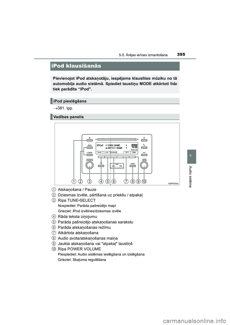 TOYOTA HILUX 2021  Lietošanas Instrukcija (in Latvian) 395
5
5-5. Ārē jas ier īces izmantošana
Audio sist ēma
HILUX_OM_OM0K513E_(EE)
iPod klaus īšan ās
 381. lpp.
Atska ņošana / Pauze
Dziesmas izv ēle, p ārt īšana uz priekšu / atpaka ļ
