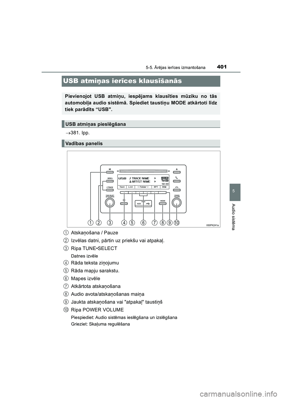 TOYOTA HILUX 2021  Lietošanas Instrukcija (in Latvian) 401
5
5-5. Ārē jas ier īces izmantošana
Audio sist ēma
HILUX_OM_OM0K513E_(EE)
USB atmi ņas ier īces klaus īšan ās
 381. lpp.
Atska ņošana / Pauze
Izv ēlas datni, p ārtin uz priekšu v