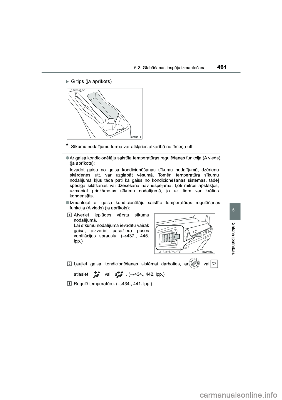 TOYOTA HILUX 2021  Lietošanas Instrukcija (in Latvian) 4616-3. Glabāšanas iesp ēju izmantošana
HILUX_OM_OM0K513E_(LV)
6
Salona  īpatnī bas
*:Sīkumu nodal ījumu forma var atš ķiries atkar īb ā no l īme ņa utt.
● Ar gaisa kondicion ētā ju 