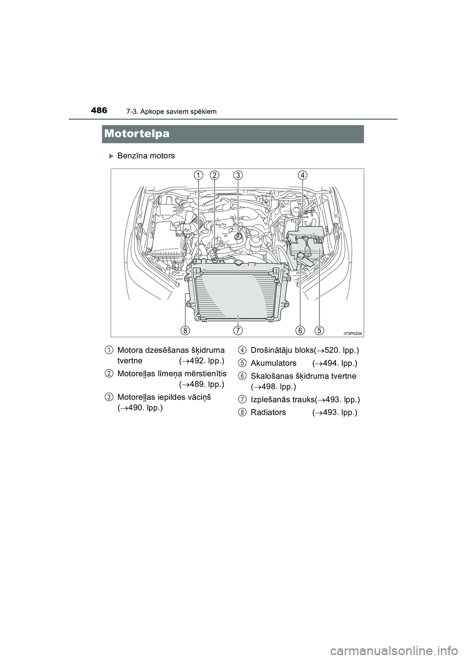 TOYOTA HILUX 2021  Lietošanas Instrukcija (in Latvian) 4867-3. Apkope saviem spēkiem
HILUX_OM_OM0K513E_(LV)
Motor telpa
�XBenzīna motors
Motora dzes ēšanas š ķidruma 
tvertne ( 492. lpp.)
Motore ļļas l īme ņa m ērstien ītis 
 (  489. lpp