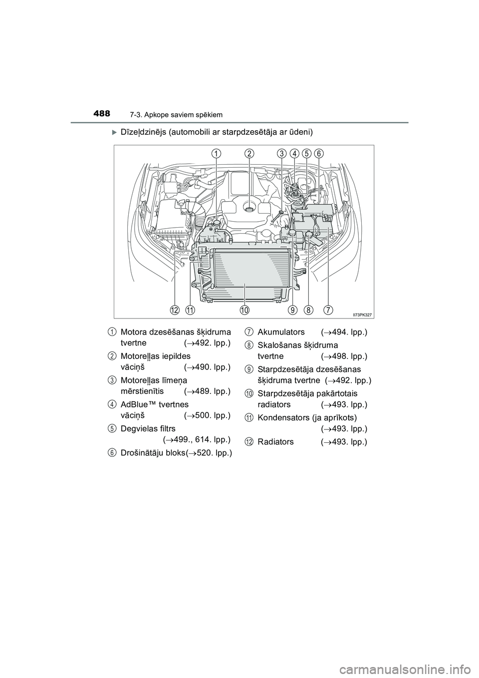 TOYOTA HILUX 2021  Lietošanas Instrukcija (in Latvian) 4887-3. Apkope saviem spēkiem
HILUX_OM_OM0K513E_(LV)
�XDīze ļdzin ējs (automobili ar starpdzes ētā ja ar ū deni)
Motora dzes ēšanas š ķidruma 
tvertne ( 492. lpp.)
Motore ļļas iepildes