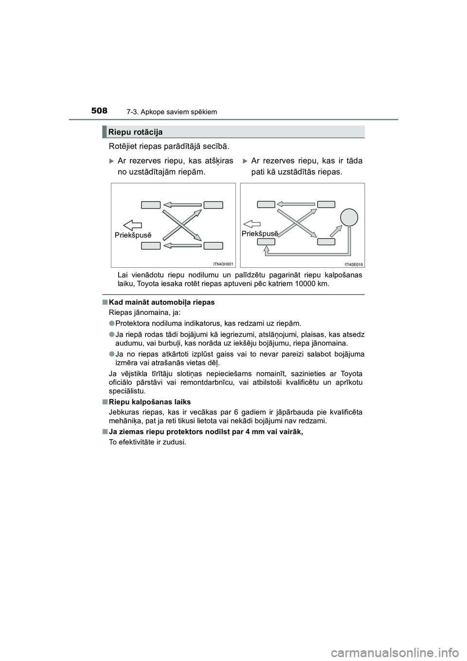 TOYOTA HILUX 2021  Lietošanas Instrukcija (in Latvian) 5087-3. Apkope saviem spēkiem
HILUX_OM_OM0K513E_(LV)
Rotējiet riepas par ādītā jā  secī bā .
Lai vienā dotu riepu nodilumu un pal īdz ētu pagarin āt riepu kalpošanas
laiku, Toyota iesaka 