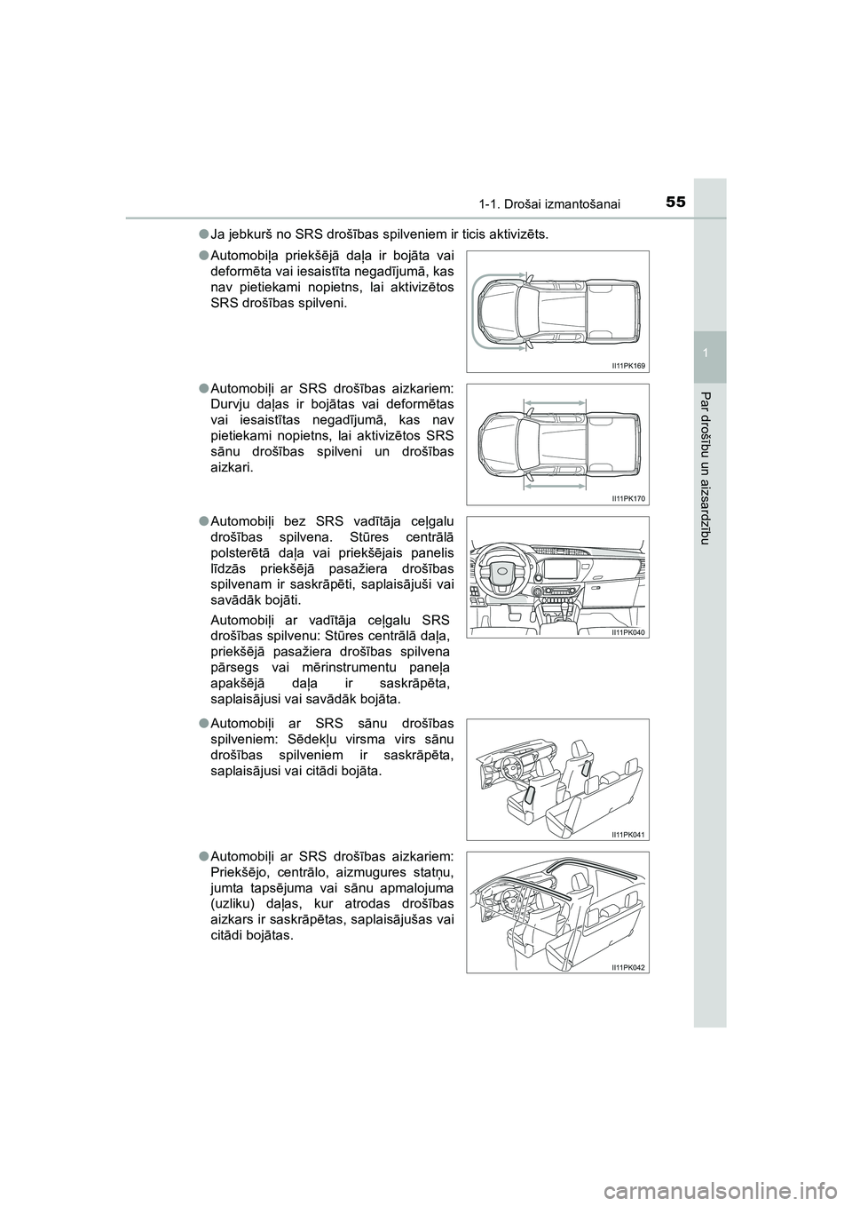 TOYOTA HILUX 2021  Lietošanas Instrukcija (in Latvian) 551-1. Drošai izmantošanai
1
HILUX_OM_OM0K513E_(LV)
Par drošību un aizsardz ību
● Ja jebkurš no SRS droš ības spilveniem ir ticis aktiviz ēts.
● Automobi ļa priekš ējā  daļ a ir boj 