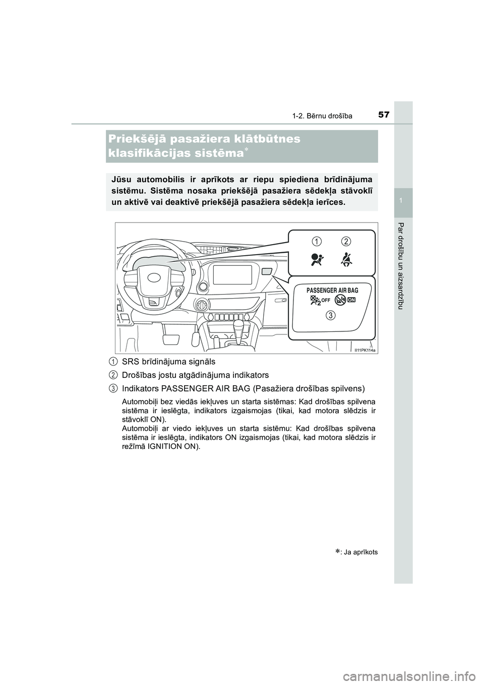 TOYOTA HILUX 2021  Lietošanas Instrukcija (in Latvian) 571-2. Bērnu droš ība
1
HILUX_OM_OM0K513E_(LV)
Par droš ību un aizsardz ību
Priekš ējā  pasažiera kl ātb ūtnes 
klasifikā cijas sist ēma

SRS br īdinā juma sign āls
Droš ības jos