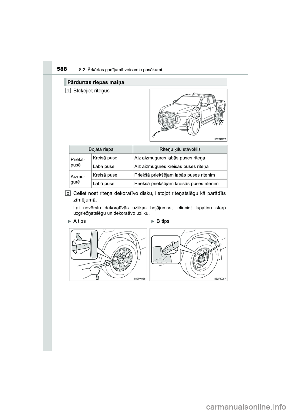 TOYOTA HILUX 2021  Lietošanas Instrukcija (in Latvian) 5888-2. Ārk ārtas gad ījum ā veicamie pas ākumi
HILUX_OM_OM0K513E_(LV)
Blo ķējiet rite ņus
Celiet nost rite ņa dekoratī vo disku, lietojot rite ņatsl ēgu k ā par ād īts
z īm ējum ā.
