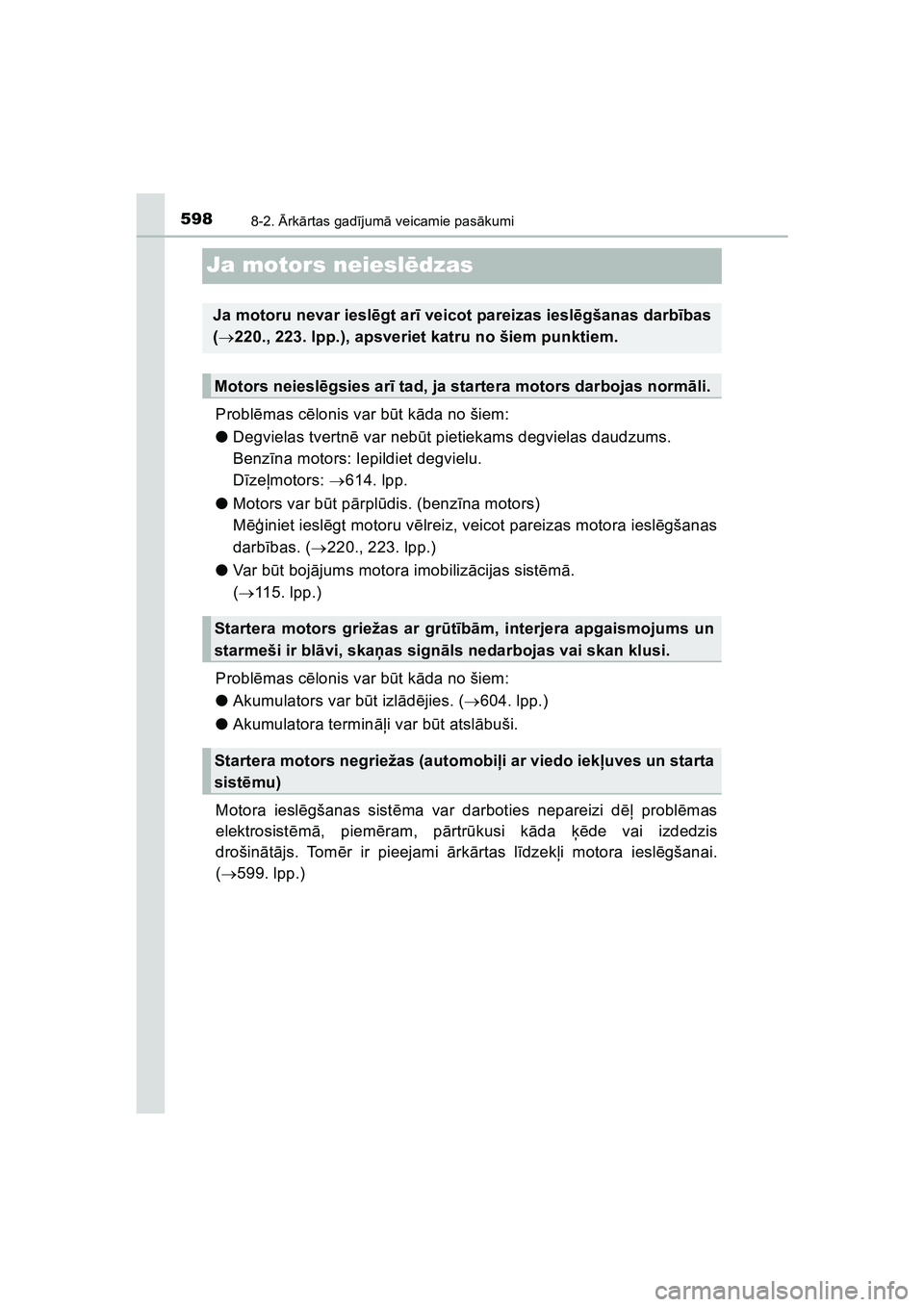 TOYOTA HILUX 2021  Lietošanas Instrukcija (in Latvian) 5988-2. Ārk ārtas gad ījum ā veicamie pas ākumi
HILUX_OM_OM0K513E_(LV)
Ja motors neiesl ēdzas
Probl ēmas c ēlonis var b ūt k āda no šiem:
● Degvielas tvertn ē var neb ūt pietiekams degv