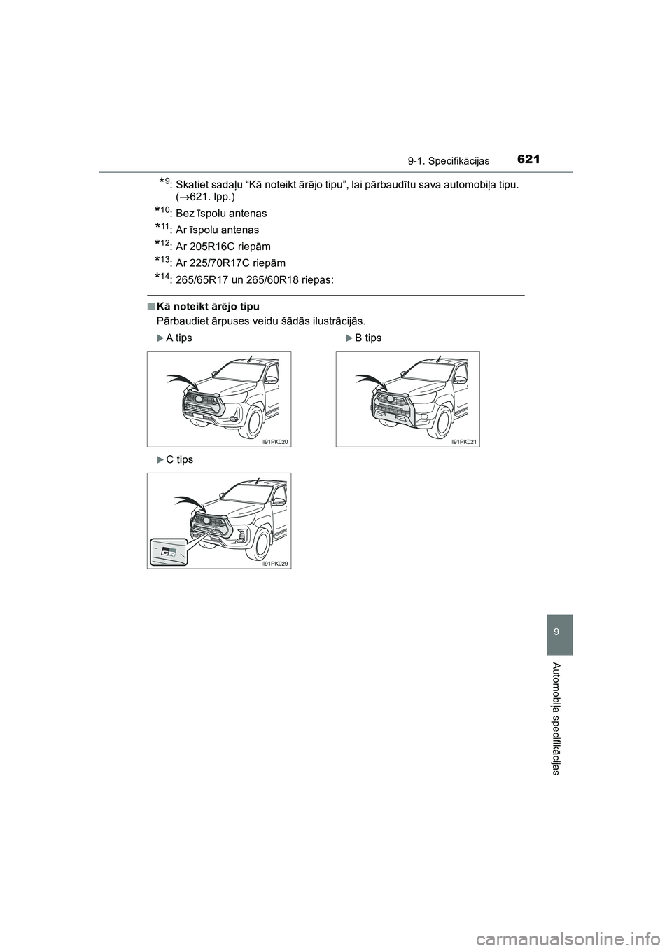 TOYOTA HILUX 2021  Lietošanas Instrukcija (in Latvian) 621
9
9-1. Specifikācijas
Automobi ļa specifik ācijas
HILUX_OM_OM0K513E_(LV)
*9: Skatiet sada ļu “K ā noteikt  ārē jo tipu”, lai p ārbaud ītu sava automobi ļa tipu. 
( 621. lpp.)
*10:
