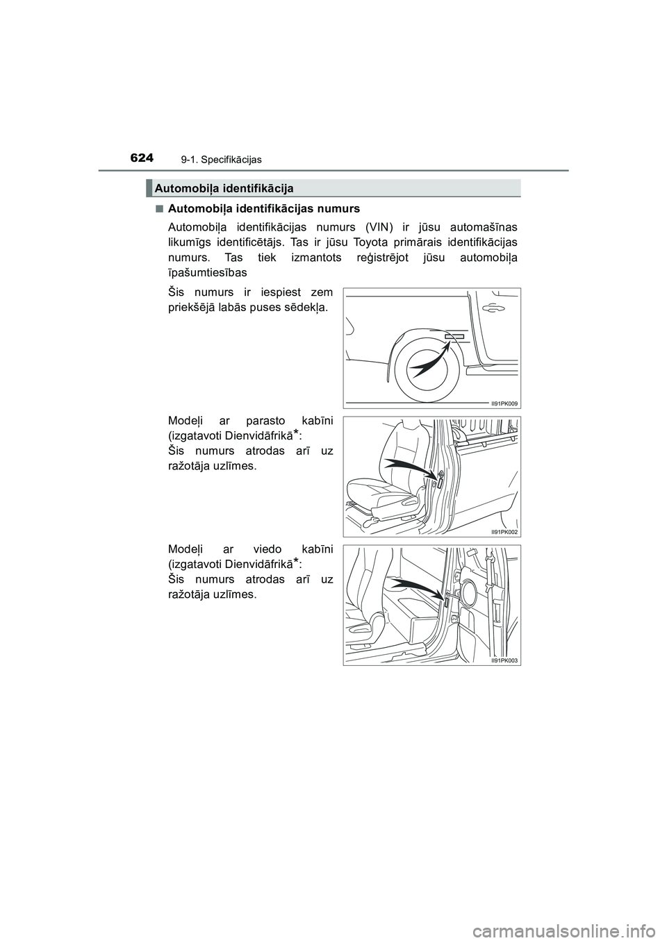 TOYOTA HILUX 2021  Lietošanas Instrukcija (in Latvian) 6249-1. Specifikācijas
HILUX_OM_OM0K513E_(LV) ■
Automobi
ļa identifik ācijas numurs
Automobi ļa identifik ācijas numurs (VIN) ir jū su automašīnas
likum īgs identific ētā js. Tas ir j ūs