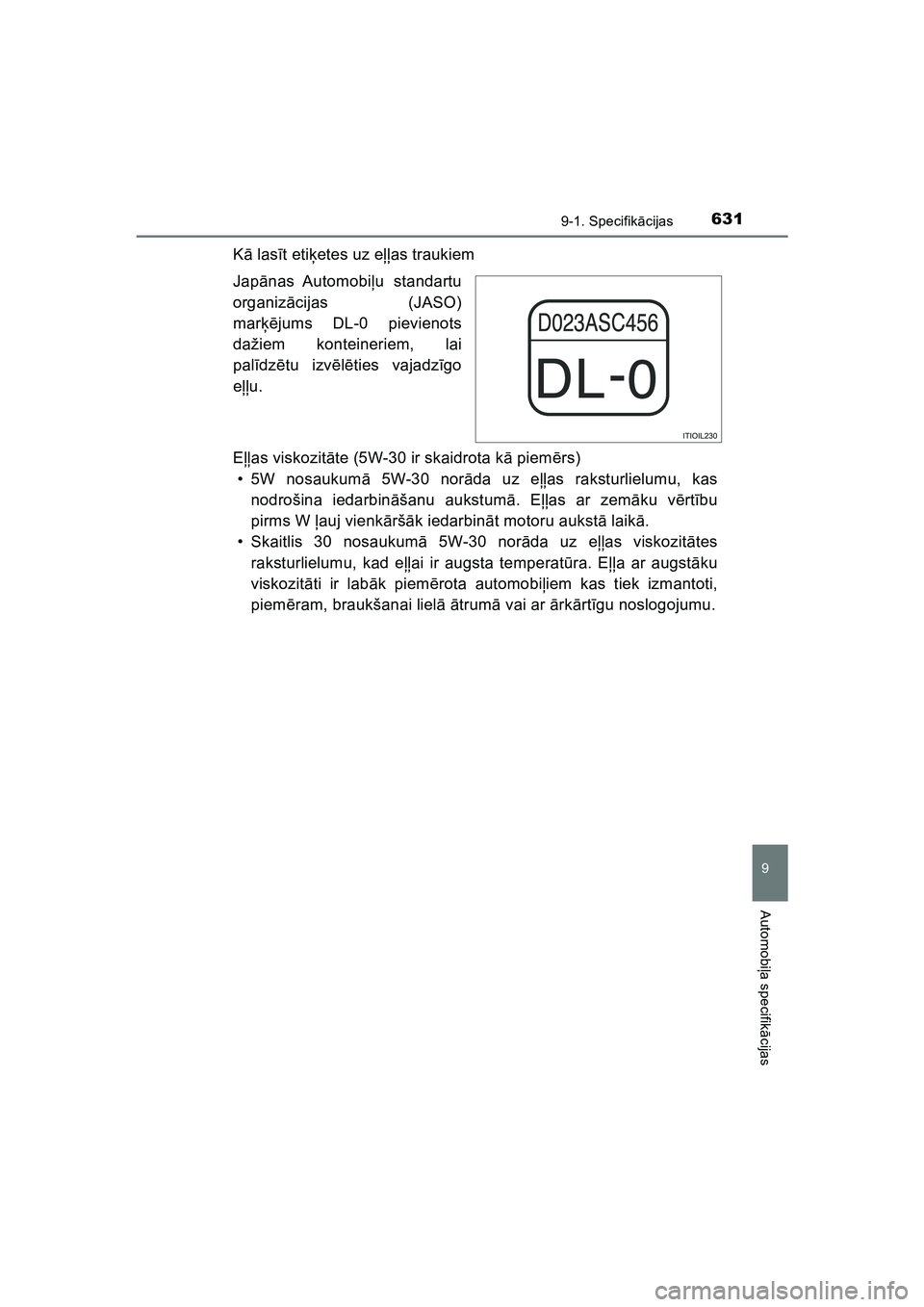 TOYOTA HILUX 2021  Lietošanas Instrukcija (in Latvian) 631
9
9-1. Specifikācijas
Automobi ļa specifik ācijas
HILUX_OM_OM0K513E_(LV)
K ā las īt eti ķetes uz e ļļas traukiem
Jap ānas Automobi ļu standartu
organiz ācijas (JASO)
mar ķējums DL-0 p