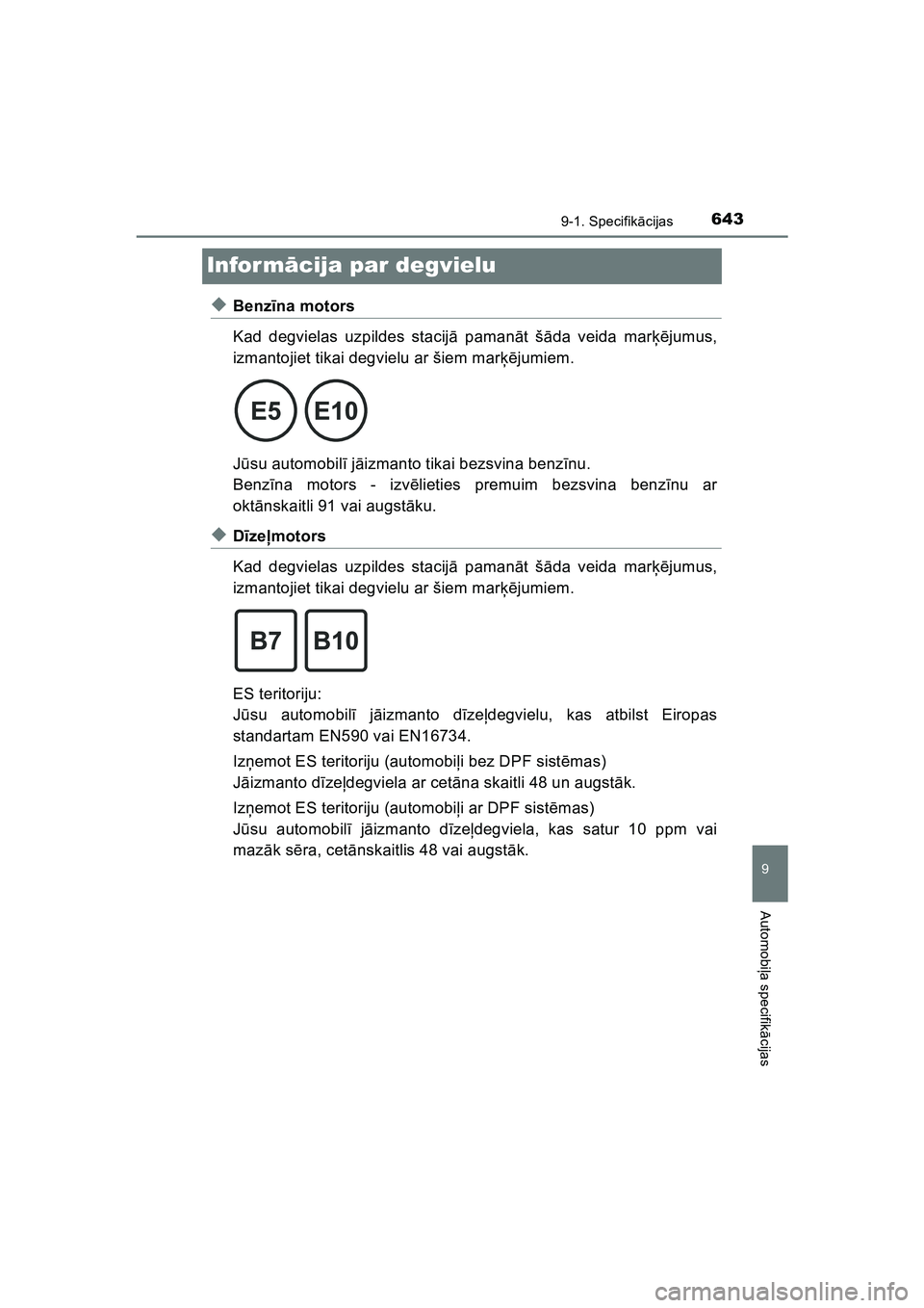 TOYOTA HILUX 2021  Lietošanas Instrukcija (in Latvian) 6439-1. Specifikācijas
HILUX_OM_OM0K513E_(LV)
9
Automobi ļa specifik ācijas
Infor m ācija par degvielu
◆Benz īna motors
Kad degvielas uzpildes stacij ā paman āt š āda veida mar ķējumus,
i