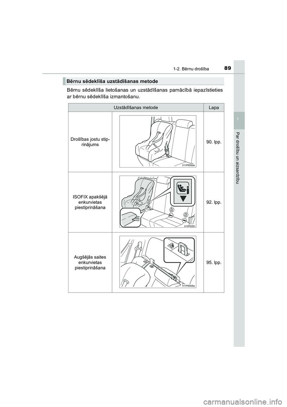 TOYOTA HILUX 2021  Lietošanas Instrukcija (in Latvian) 891-2. Bērnu droš ība
1
HILUX_OM_OM0K513E_(LV)
Par droš ību un aizsardz ību
B ērnu s ēdekl īša lietošanas un uzst ād īšanas pam ācīb ā iepaz īstieties
ar bē rnu sēdekl īša izmant