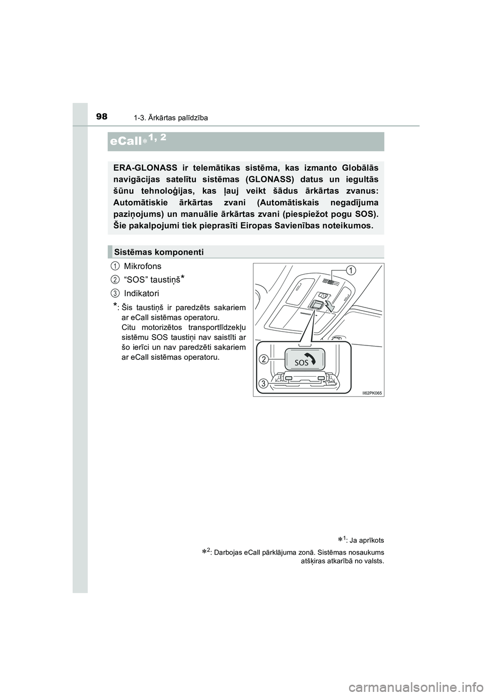 TOYOTA HILUX 2021  Lietošanas Instrukcija (in Latvian) 981-3. Ārk ārtas pal īdz ība
HILUX_OM_OM0K513E_(LV)
eCall 1, 2
Mikrofons
“SOS” tausti ņš
*
Indikatori
*: Šis tausti ņš ir paredz ēts sakariem
ar eCall sist ēmas operatoru.
Citu motor