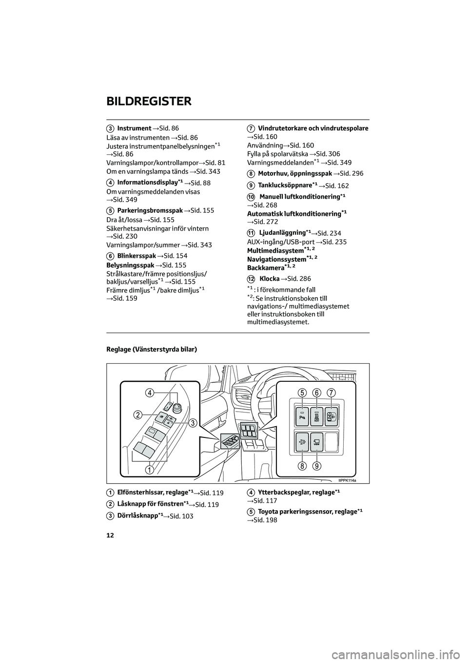 TOYOTA HILUX 2021 Bruksanvisningar (in Swedish) 3Instrument→Sid. 86
Läsa av instrumenten→Sid. 86
Justera instrumentpanelbelysningen*1
→Sid. 86
Varningslampor/kontrollampor→Sid. 81
Om en varningslampa tänds→Sid. 343
4Informationsdisplay* TOYOTA HILUX 2021 Bruksanvisningar (in Swedish) 3Instrument→Sid. 86
Läsa av instrumenten→Sid. 86
Justera instrumentpanelbelysningen*1
→Sid. 86
Varningslampor/kontrollampor→Sid. 81
Om en varningslampa tänds→Sid. 343
4Informationsdisplay*