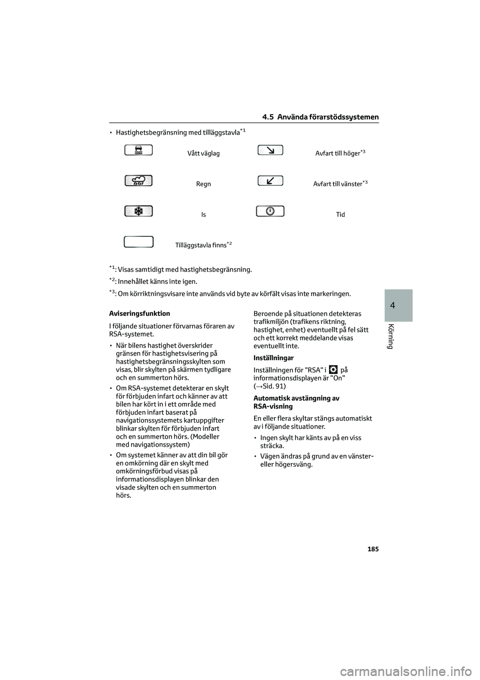 TOYOTA HILUX 2021  Bruksanvisningar (in Swedish) • Hastighetsbegränsning med tilläggstavla*1
Vått väglagAvfart till höger*3
RegnAvfart till vänster*3
IsTid
Tilläggstavla finns*2
*1: Visas samtidigt med hastighetsbegränsning.
*2: Innehålle