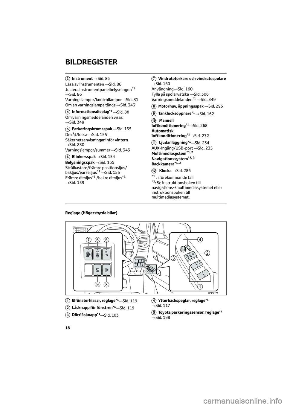 TOYOTA HILUX 2021 Bruksanvisningar (in Swedish) 3Instrument→Sid. 86
Läsa av instrumenten→Sid. 86
Justera instrumentpanelbelysningen*1
→Sid. 86
Varningslampor/kontrollampor→Sid. 81
Om en varningslampa tänds→Sid. 343
4Informationsdisplay* TOYOTA HILUX 2021 Bruksanvisningar (in Swedish) 3Instrument→Sid. 86
Läsa av instrumenten→Sid. 86
Justera instrumentpanelbelysningen*1
→Sid. 86
Varningslampor/kontrollampor→Sid. 81
Om en varningslampa tänds→Sid. 343
4Informationsdisplay*