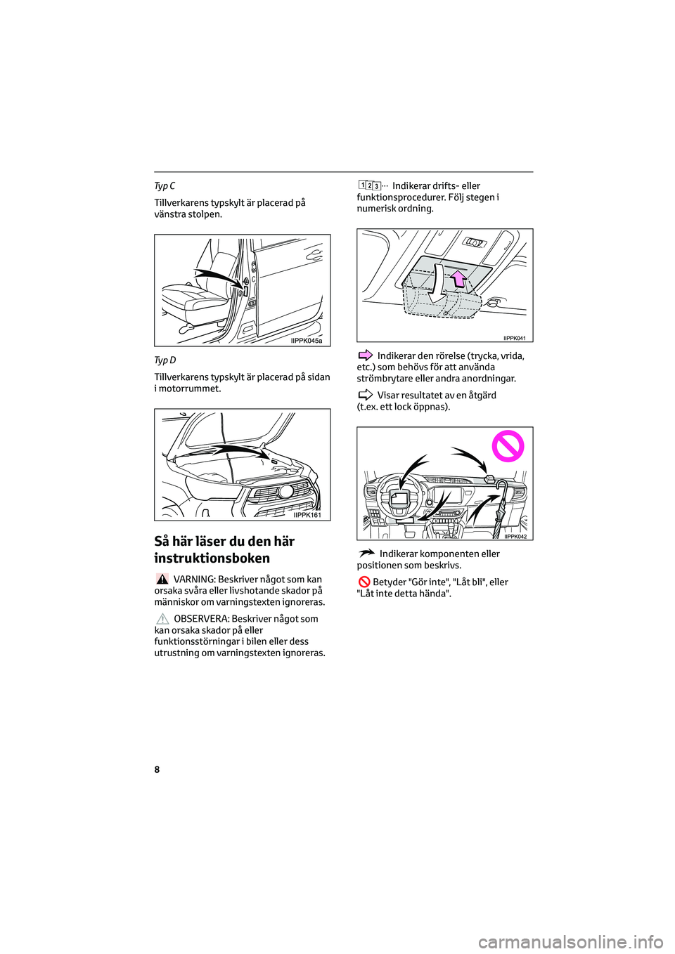 TOYOTA HILUX 2021 Bruksanvisningar (in Swedish) Ty p C
Tillverkarens typskylt är placerad på
vänstra stolpen.
Ty p D
Tillverkarens typskylt är placerad på sidan
i motorrummet.
Så här läser du den här
instruktionsboken
VARNING: Beskriver n TOYOTA HILUX 2021 Bruksanvisningar (in Swedish) Ty p C
Tillverkarens typskylt är placerad på
vänstra stolpen.
Ty p D
Tillverkarens typskylt är placerad på sidan
i motorrummet.
Så här läser du den här
instruktionsboken
VARNING: Beskriver n