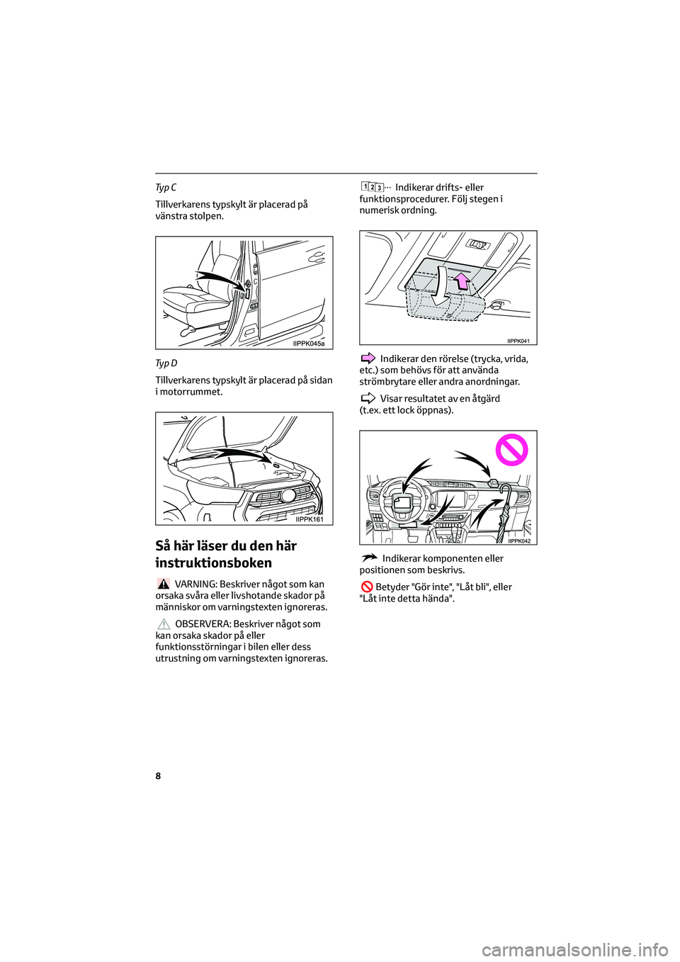 TOYOTA HILUX 2021  Bruksanvisningar (in Swedish) Ty p C
Tillverkarens typskylt är placerad på
vänstra stolpen.
Ty p D
Tillverkarens typskylt är placerad på sidan
i motorrummet.
Så här läser du den här
instruktionsboken
VARNING: Beskriver n�