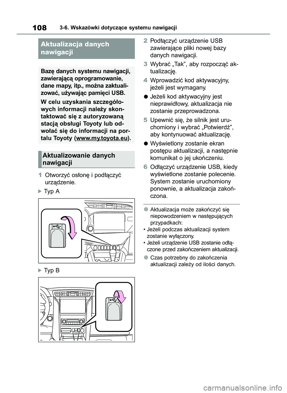 TOYOTA HILUX 2021  Instrukcja obsługi (in Polish) 1Otworzyç os∏on´ i pod∏àczyç
urzàdzenie.
óTyp A
óTyp B2Pod∏àczyç urzàdzenie USB
zawierajàce pliki nowej bazy
danych nawigacji.
3Wybraç „Tak”, aby rozpoczàç ak-
tualizacj´.
4Wp