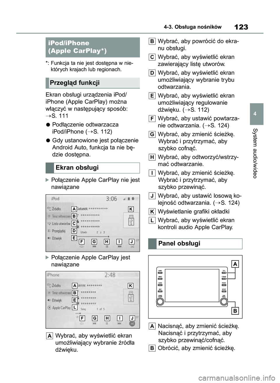 TOYOTA HILUX 2021  Instrukcja obsługi (in Polish) *: Funkcja ta nie jest dost´pna w nie-
których krajach lub regionach.
Ekran obs∏ugi urzàdzenia iPod/
iPhone (Apple CarPlay) mo˝na
w∏àczyç w nast´pujàcy sposób:
S. 111
Pod∏àczenie odtw