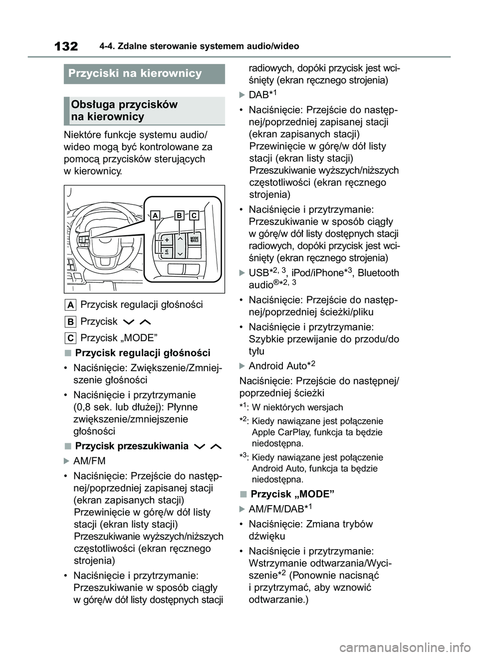 TOYOTA HILUX 2021  Instrukcja obsługi (in Polish) Niektóre funkcje systemu audio/
wideo mogà byç kontrolowane za
pomocà przycisków sterujàcych
w kierownicy.
Przycisk regulacji g∏oÊnoÊci
Przycisk 
Przycisk „MODE”
Przycisk regulacji g∏o