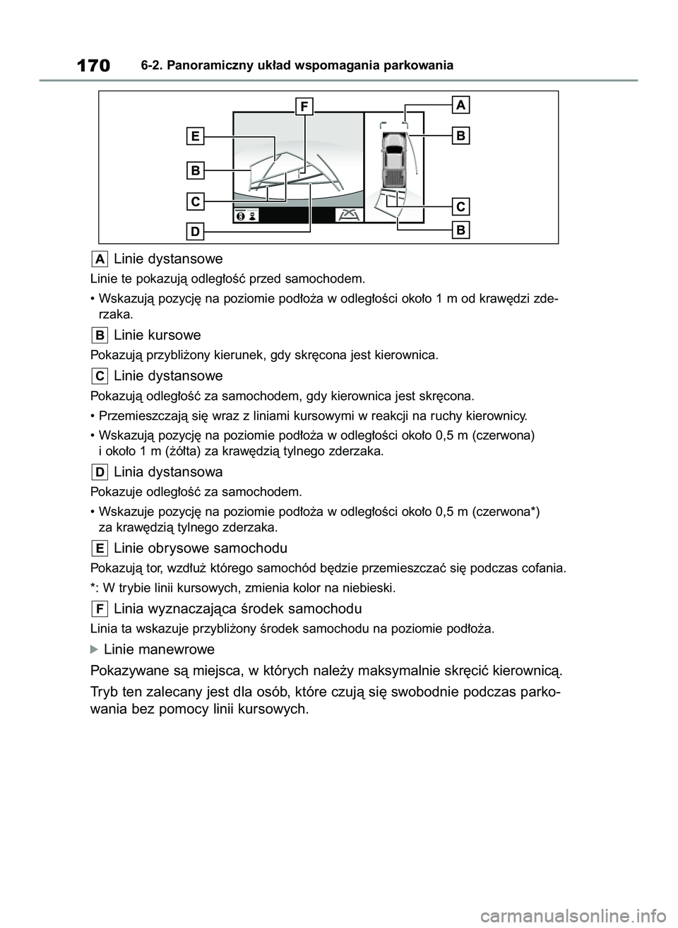 TOYOTA HILUX 2021  Instrukcja obsługi (in Polish) Linie dystansowe
Linie te pokazujà odleg∏oÊç przed samochodem.
• Wskazujà pozycj´ na poziomie pod∏o˝a w odleg∏oÊci oko∏o 1 m od kraw´dzi zde-
rzaka.
Linie kursowe
Pokazujà przybli˝