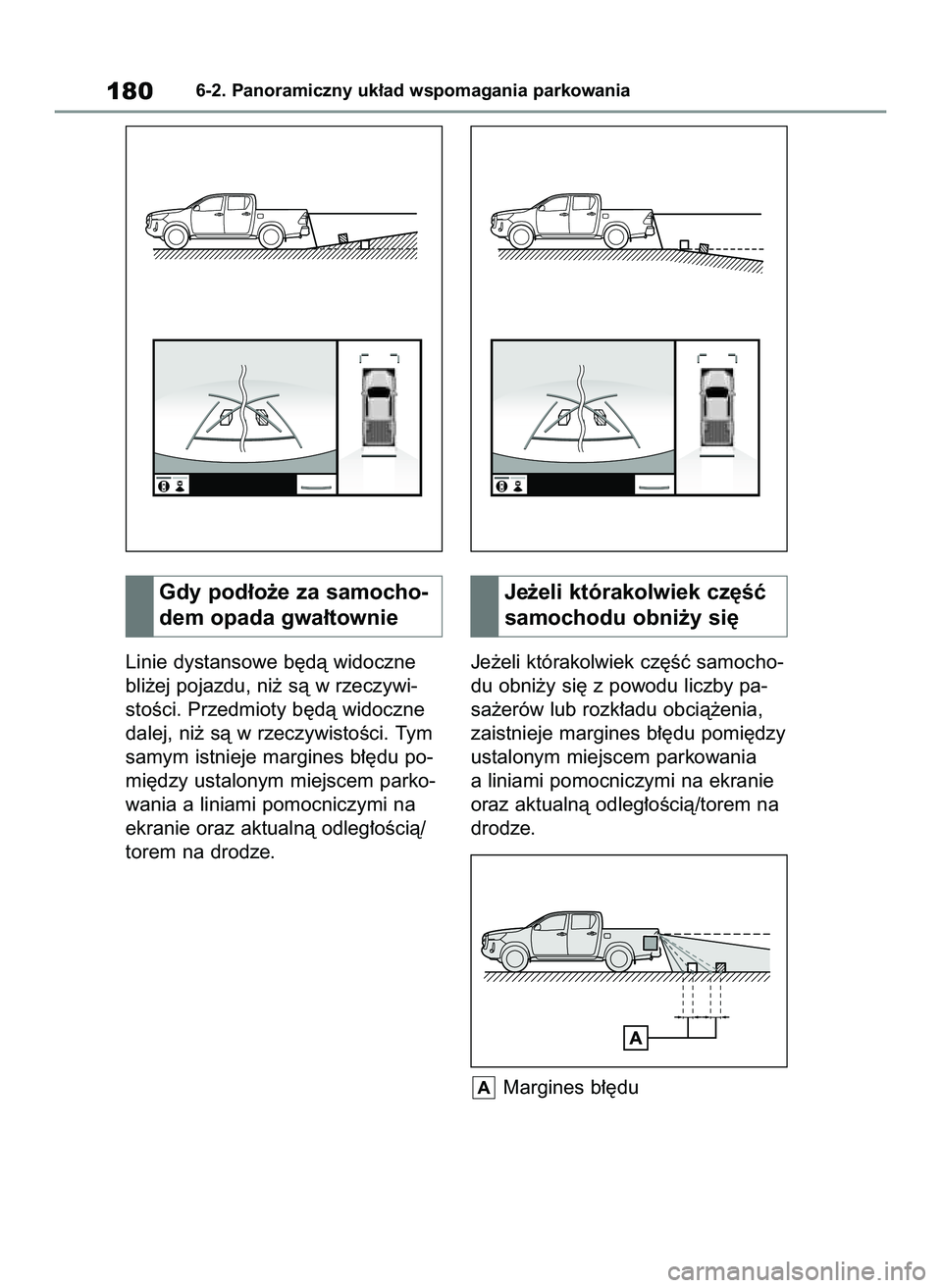 TOYOTA HILUX 2021  Instrukcja obsługi (in Polish) Linie dystansowe b´dà widoczne
bli˝ej pojazdu, ni˝ sà w rzeczywi-
stoÊci. Przedmioty b´dà widoczne
dalej, ni˝ sà w rzeczywistoÊci. Tym
samym istnieje margines b∏´du po-
mi´dzy ustalonym