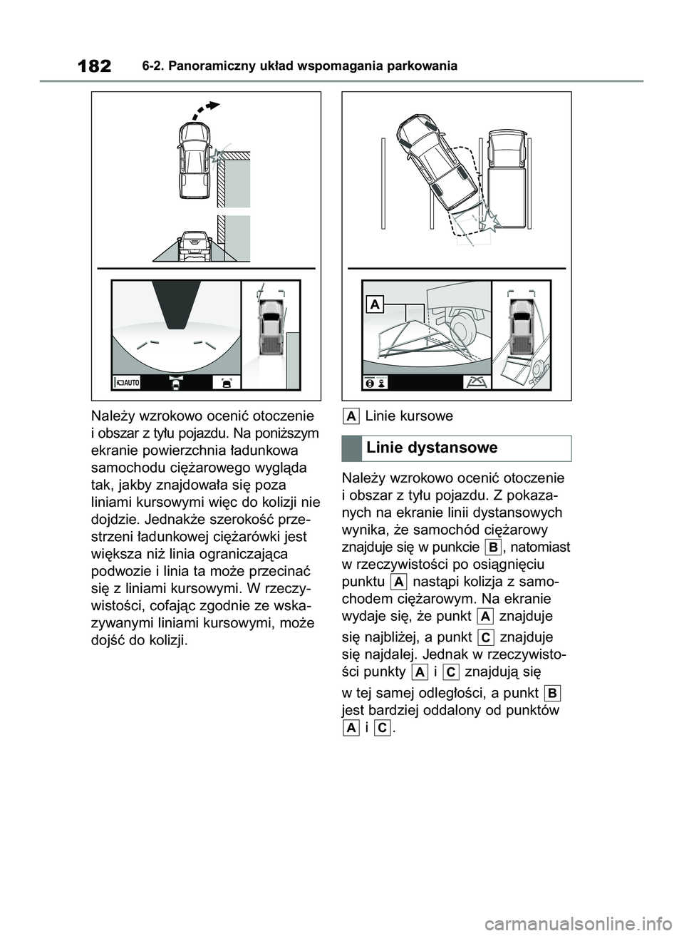 TOYOTA HILUX 2021  Instrukcja obsługi (in Polish) Nale˝y wzrokowo oceniç otoczenie
i obszar z ty∏u pojazdu. Na poni˝szym
ekranie powierzchnia ∏adunkowa
samochodu ci´˝arowego wyglàda
tak, jakby znajdowa∏a si´ poza
liniami kursowymi wi´c 