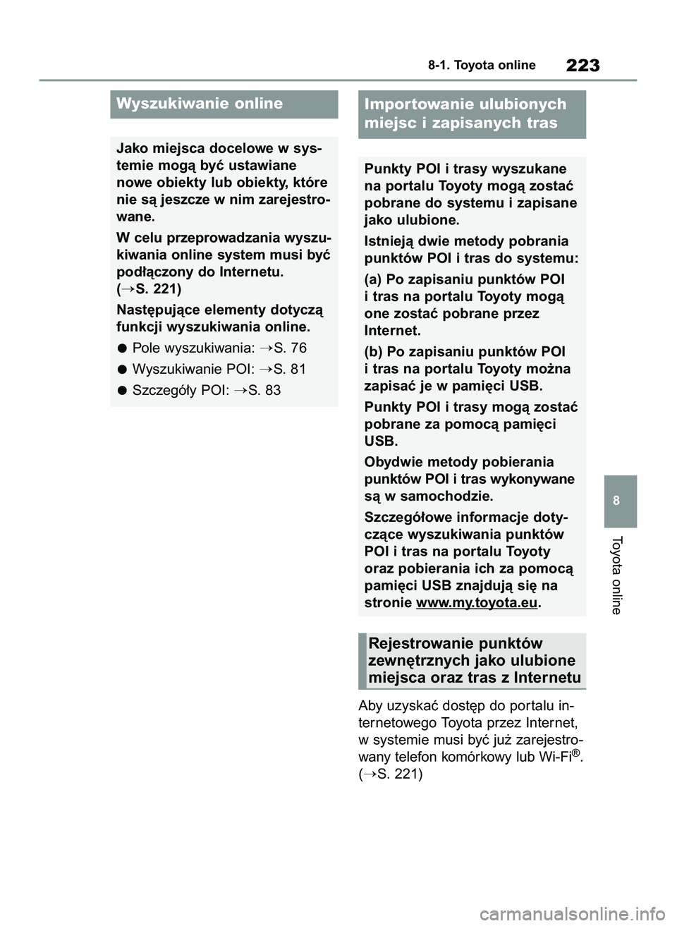 TOYOTA HILUX 2021  Instrukcja obsługi (in Polish) Aby uzyskaç dost´p do por talu in-
ternetowego Toyota przez Internet,
w systemie musi byç ju˝ zarejestro-
wany telefon komórkowy lub Wi-Fi
®.
(
S. 221)
8
Toyota online
8-1. Toyota online223
Wys