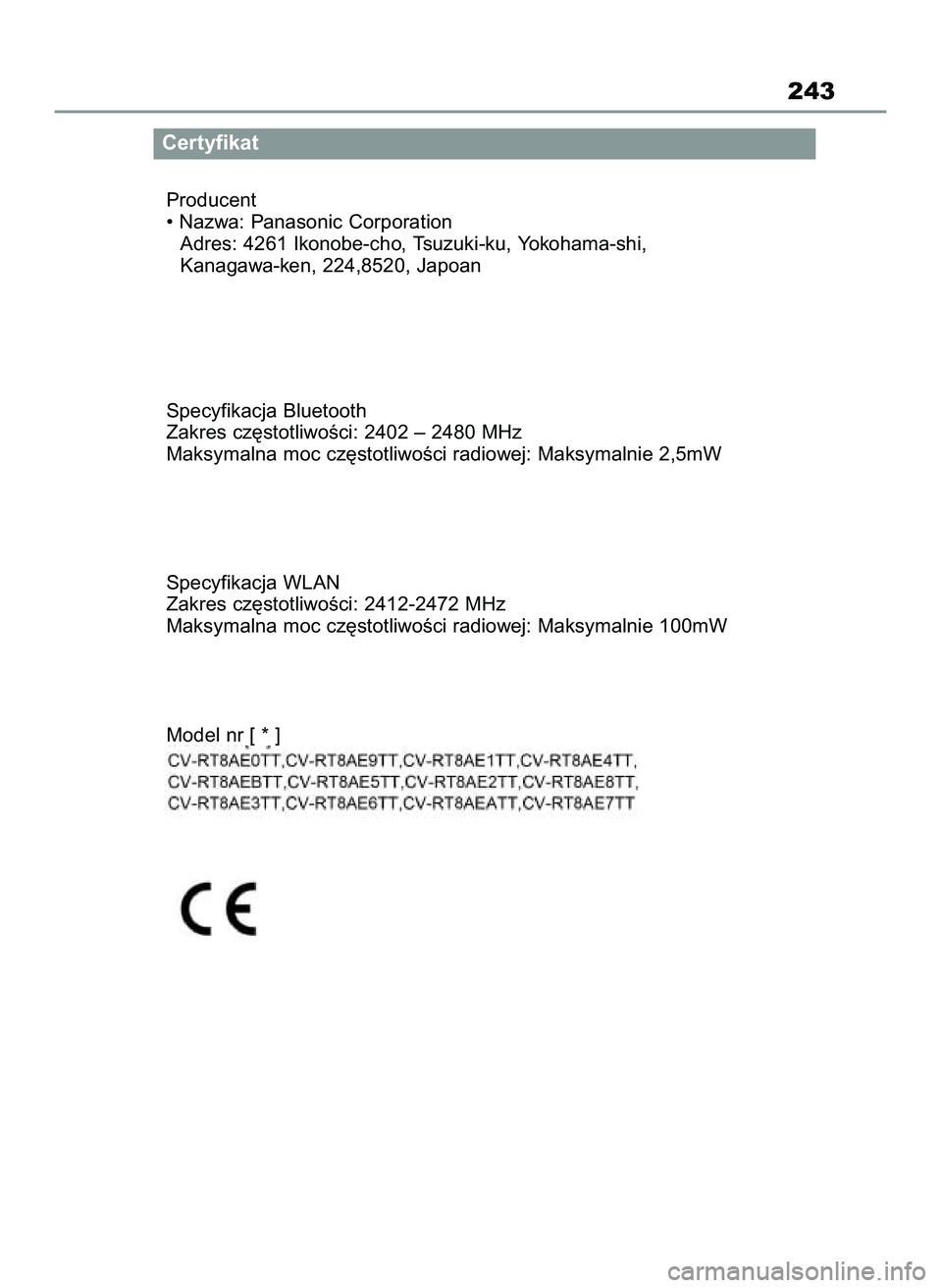 TOYOTA HILUX 2021  Instrukcja obsługi (in Polish) 243
Certyfikat
Producent
• Nazwa: Panasonic Corporation
Adres: 4261 Ikonobe-cho, Tsuzuki-ku, Yokohama-shi,
Kanagawa-ken, 224,8520, Japoan
Specyfikacja Bluetooth
Zakres cz´stotliwoÊci: 2402 – 248