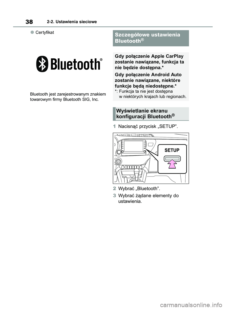 TOYOTA HILUX 2021 Instrukcja obsługi (in Polish) Cer tyfikat
Bluetooth jest zarejestrowanym znakiem
towarowym firmy Bluetooth SIG, Inc.
1Nacisnàç przycisk „SETUP”.
2Wybraç „Bluetooth”.
3Wybraç ˝àdane elementy do
ustawienia.
382-2. Usta TOYOTA HILUX 2021 Instrukcja obsługi (in Polish) Cer tyfikat
Bluetooth jest zarejestrowanym znakiem
towarowym firmy Bluetooth SIG, Inc.
1Nacisnàç przycisk „SETUP”.
2Wybraç „Bluetooth”.
3Wybraç ˝àdane elementy do
ustawienia.
382-2. Usta