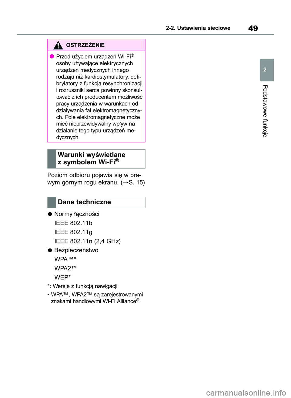 TOYOTA HILUX 2021  Instrukcja obsługi (in Polish) Poziom odbioru pojawia si´ w pra-
wym górnym rogu ekranu. (
S. 15)
Normy ∏àcznoÊci
IEEE 802.11b
IEEE 802.11g
IEEE 802.11n (2,4 GHz)
Bezpieczeƒstwo
WPA™*
WPA2™
WEP*
*: Wersje z funkcjà naw